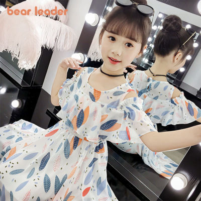 Bear Leader อายุ4-13ปีสำหรับเด็กผู้หญิงชุดเจ้าหญิง2023เวอร์ชันเกาหลีฤดูร้อนใหม่ชุดพิมพ์ลายใบไหล่แบบมีจีบ