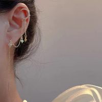 1Pcs Fashion Gold Color Long Tassel Moon Star Clip Earrings for Women Sparkling Crystal Fake Cartilage Ear Clip Wedding Jewelry