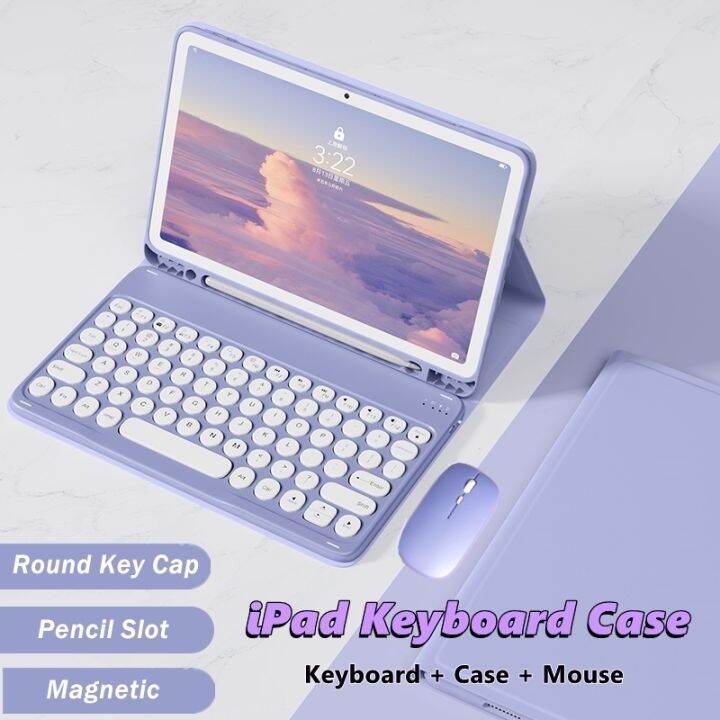 For iPad Round Keycap Wireless Keyboard Leather Case with Built-in Pen ...