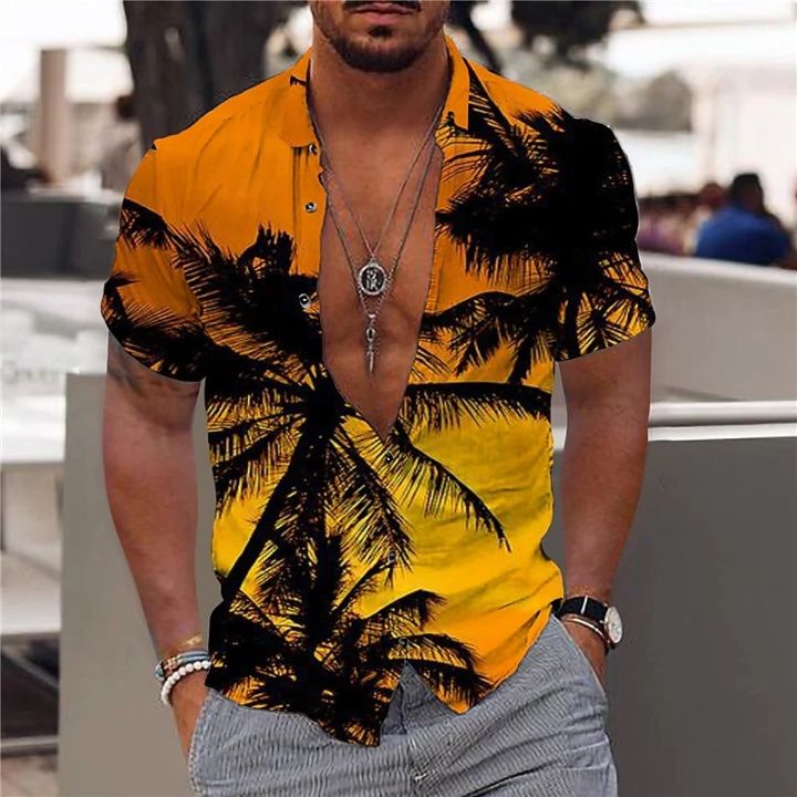 เสื้อฮาวายผ้าฝ้ายคอปกสไตล์คิวบาสำหรับผู้ชาย-เสื้อฮาวายทรงหลวมพิมพ์ลายต้นมะพร้าว3d-สำหรับเสื้อเชิ้ตผู้ชายปาร์ตี้