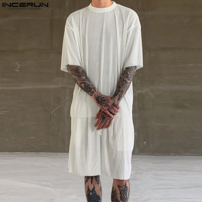 INCERUN เสื้อลำลองแขนสั้นสำหรับผู้ชาย2ชิ้น + ชุดกางเกงขาสั้นชุดธรรมดาเนื้อคอกลมอเนกประสงค์ (สไตล์เกาหลี)