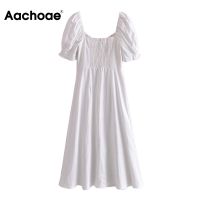 Aachoae Summer Solid Color Elegant A Line Dress Women Puff Short Sleeve Midi Female Square Collar Sundress Vestidos Mujer