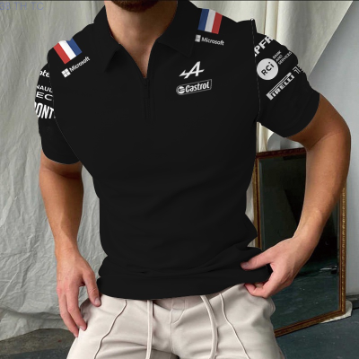 【high quality】  Alpine Casual Polo Short Sleeve Lapel Zipper Print Alonso F1 Team Formula One 3d Mens