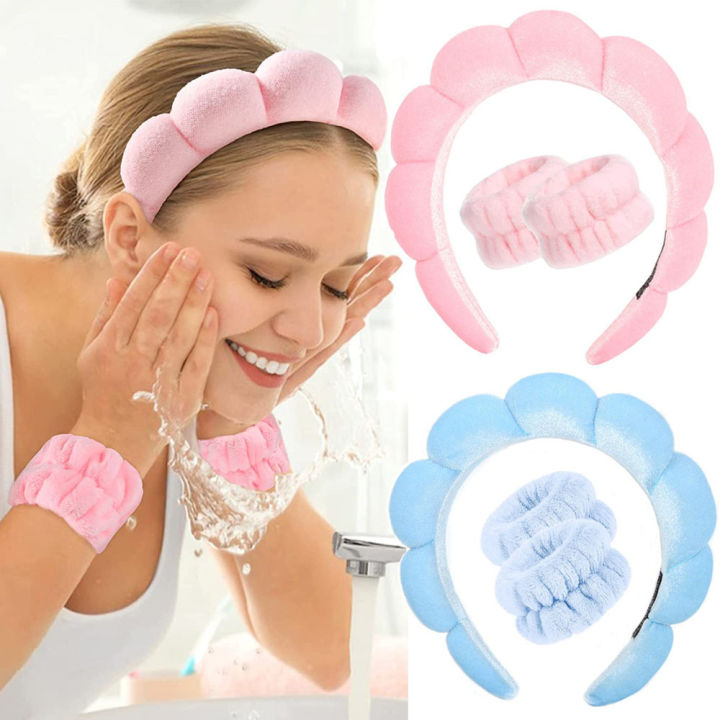 3Pcs Fashion Microfiber Washing Wristbands Scrunchies Puffy Headband Spa Bubble  Headband for Washing Face Makeup Shower Skincare