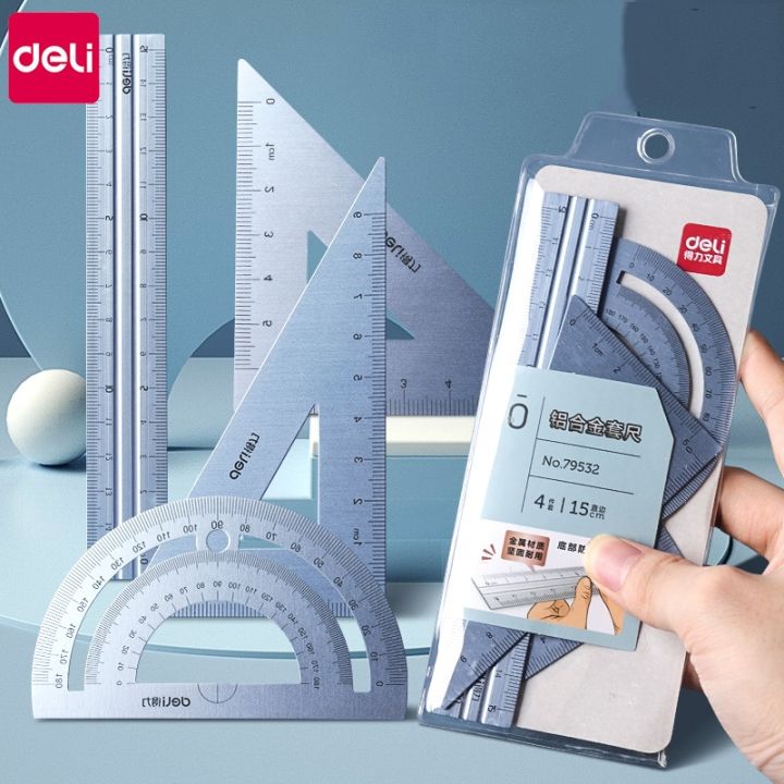 deli-for-school-kids-angle-straight-ruler-metal-ruler-multifunctional-drawing-triangle-ruler-4pcs-set-office-supplies-accessorie