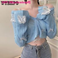 Asdsadsaaff WTEMPO-Cardigans Feminininos De Malha Com Borboleta Suéter Sexy Coreano Decote Em V Botão Curto แมนกาลองกา Protetor แสงอาทิตย์