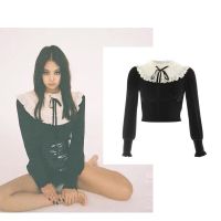 Blackpink jennie vintage Ruffled neck velvet womens long sleeve top korean style ulzzang shirt เสื้อเชิ้ตสไตล์เกาหลี