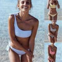 2022 Bikini Up Push Female Suit Bathing Striped Swimsuit Women Swimwear Up Lace Bow Bandage Women Set Bikini Shoulder One Sexy