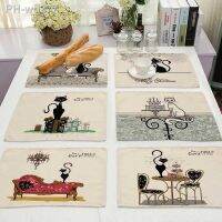 Cotton Linen Bkack Cat Pattern Pad Dining Table Mats Coaster Bowl Cup Mat Pattern Kitchen Placemat 42x32cm Home Decor