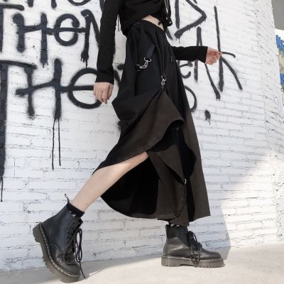 ‘；’ MEXZT Harajuku Cargo Skirts Women High Waist Buckle Irregular Skirts Gothic Punk Freely Adjustable Black A Line Midi Long Skirt