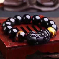 Asli Batu Obsidian สีดำ Gelang Manik Bulat dengan Pi Xiu Gelang Bertuah untuk Lelaki Wanita Barang Kemas U Tenaga