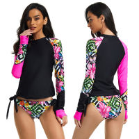 Swimsuit Women Long Sleeve Rashguard Two Pieces Swimwear Print Floral Zipper Surf Rash Guard Hot Spring Bathing Suit