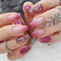 24pcs Short Ballet False Nails French Pink Gradation Purple Glitter Fake Nails Full Cover Press on Nails DIY Detachable Nail Tip fenguhan