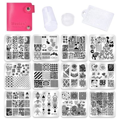 Biutee Nail Art Templates 12pcs Flower Rose Geometry Nail image Plates+1stamper+1scraper+1storage bag Nail Stamping Template set