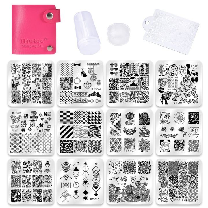 biutee-nail-art-templates-12pcs-flower-rose-geometry-nail-image-plates-1stamper-1scraper-1storage-bag-nail-stamping-template-set
