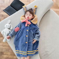 Baby Girl Plus Velvet Bathrobe Pajamas 2021 Winter Girls Cartoon Thick Flannel Single-Breasted Homewear Night-Robe