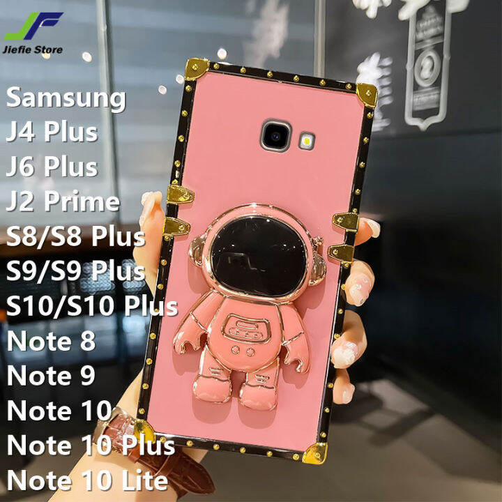 jiefie-น่ารักนักบินอวกาศสำหรับ-samsung-galaxy-j4-plus-j6-plus-j2-prime-หมายเหตุ10-lite-10-10-9-8-s8-s9-s10-s8-plus-s9-plus-s10-plus-หรูหราสีสันเคลือบเงาสแควร์-tpu-โทรศัพท์พร้อมขาตั้งพับ