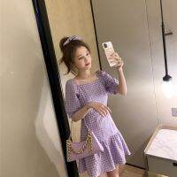 Cherrys【COD】Square Collar Plaid Purple Dress Female French RDress Midi Dress