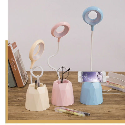 Creative USB Table Light Morden College Dorm Bedroom Study Led Desk Lamp Pen Container Macaroon Eye Protection Ring Table Lamp