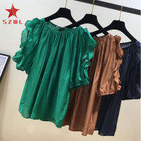 SZWL Women Cotton Short Sleeve Chiffon Shirt Loose Soft Comfortable Sweet Ruffled Design Fashionable Round Neck Age Reducing Tops