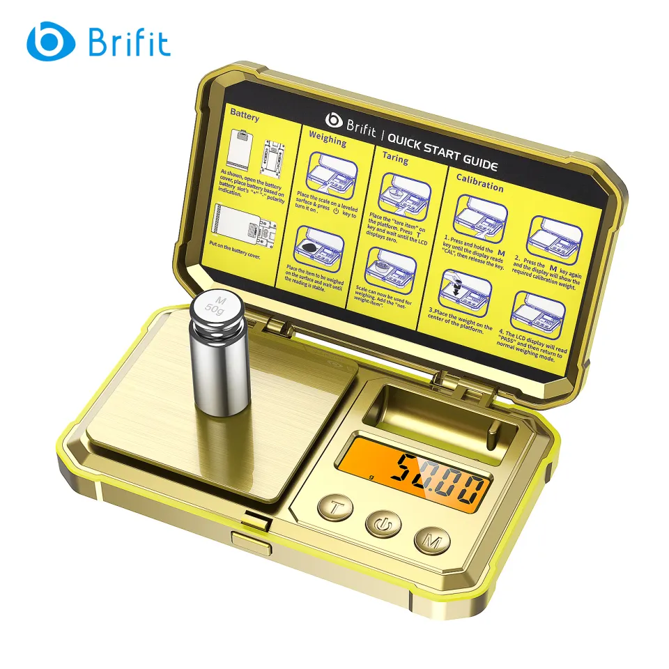 Brifit 200g/0.01g Precision Digital Scale Mini Pocket Scale Kitchen Scale  LCD Backlight Display with 50g Calibration Weights 6 Units Tare Auto Power  Off - Gold