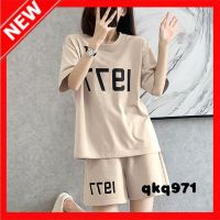 qkq971 Fashion Suit Korean Style Short Sleeve Letter Print Crew Neck Top High Waist Slim Wide Leg Pants Two Piece Set