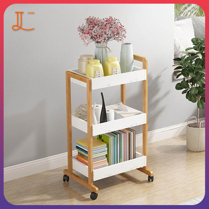 NN DIY Nordic 3Tier All Bamboo Wood 360 Trolley Utility Cart with