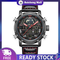 Baichengeng【จัดส่งที่รวดเร็ว】 Naviforce นาฬิกาสปอร์ตสายหนังกันน้ำวันที่สัปดาห์ Jam Tangan Digital เดือน