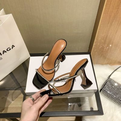 AM buckle sandals Amina Muaddiˉwomens 2023 new fairy wind ins all-match square head rhinestone open-toed high-heeled shoes for women