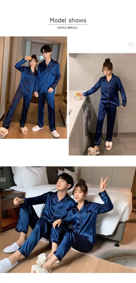 Solid Color Sleepwear Silk Satin Pajamas Couple Set Long Button