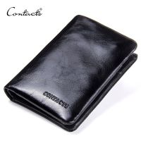 ZZOOI CONTACTS Genuine Leather Oil Wax Mens Wallet Black Short Wallets for Men Portomonee Male Card Holder Carteira Masculina Walet