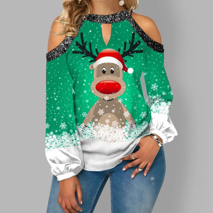 2021-autumn-christmas-snowman-print-women-t-shirt-y-shoulder-halter-harajuku-fashion-streetwear-lady-elegant-long-sleeve-top