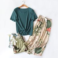 【JH】Spring New Women Comfort Rayon Pajamas Set Loose Thin Wide Leg Floral Printed Short Sleeve+Pants 2Pcs Ladies Household Sleepwear