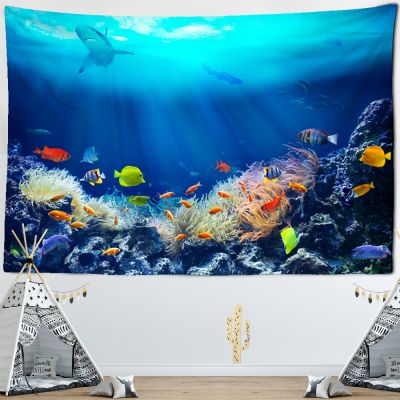 【YF】 Sea Fish Colorful Tapestry Underwater World Coral Animal Wall Hanging Beach Towel Tapestr Living Room Dorm Home Decor