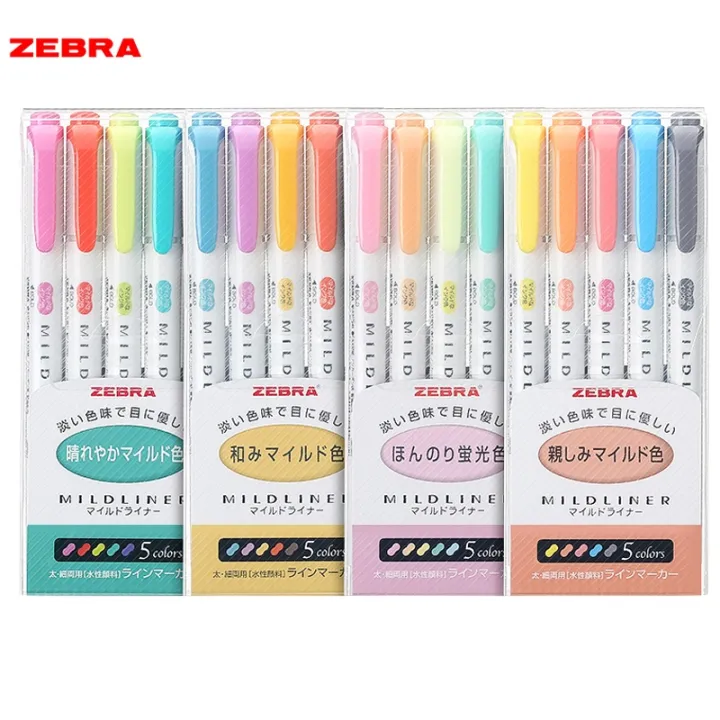 5 Colors Zebra MILDLINER Highlighter Pen Set Double Head Mild Liner