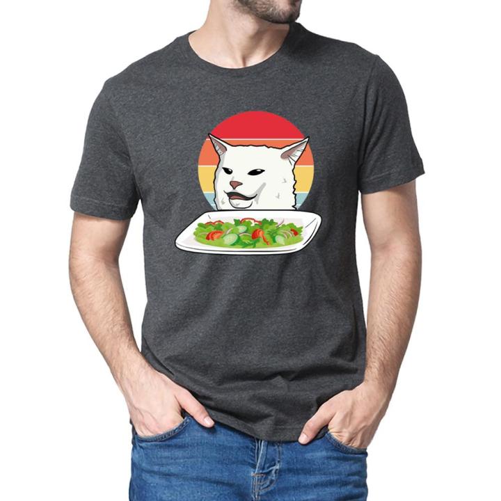 angry-yelling-at-confused-cat-at-dinner-table-meme-retro-mens-cotton-tshirt-humor-gift-tshirt-100-cotton-gildan