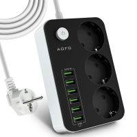 AOFO ตัวกรองเครือข่าย3-Outlet ตัวป้องกันไฟกระชากรางปลั๊กไฟพร้อม USB ชาร์จ6พอร์ต3.4A/17W, 5Ft สายต่อสำหรับงานหนัก