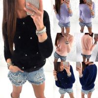 Autumn Winter Sweater Women Fashion Faux Pearl Beading Solid Color Sweaters Plush Long Sleeve Pullover Warm Sweater pull femme