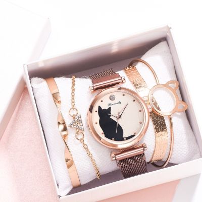 （A Decent035）FashionSet ผู้หญิง5ชิ้นนาฬิกาข้อมือ MeshCatLuxury ผู้หญิง WatchLadies นาฬิกา Relógio Femenino