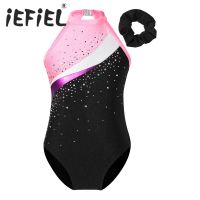 ♘▫ Kids Girls Ballet Gymnastics Workout Dance Bodysuit Sleeveless Hollow Back Shiny Rhinestone Sports Dance Leotards with Hair Band