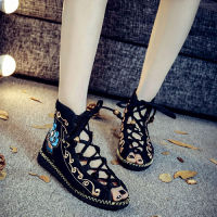 2021Veowalk Peacock Embroidered Women Peep Toe Gladiator Canvas Sandals Chinese Handmade Lace Up Ladies Summer Fabric Flat Shoes