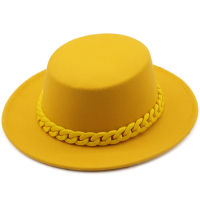 ยุโรป US ผู้หญิง R สีดำแบนหมวกขนสัตว์ Felt Fedora หมวก Chain Vintage สีทึบกว้าง Brim Jazz Boater หมวก