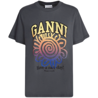 GANNI เสื้อยืดแขนสั้นผ้าฝ้ายทรงหลวม,พิมพ์คอกลมดอกไม้สีสันสดใส