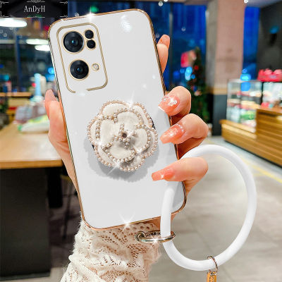 AnDyH For OPPO Reno7 7Z 7Pro 5G Case,Fashion Luxury Beautiful Girls Floral Stand + Hand Ring Simple Solid Color Plated Soft Phone Case