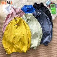 WOMA เสื้อเชิ้ตผู้ชายเทรนด์ฮ่องกงเสื้อทรงหลวมสีทึบคาร์ดิแกนเสื้อเชิ้ตลำลองไฮสตรีทฉบับภาษาเกาหลี