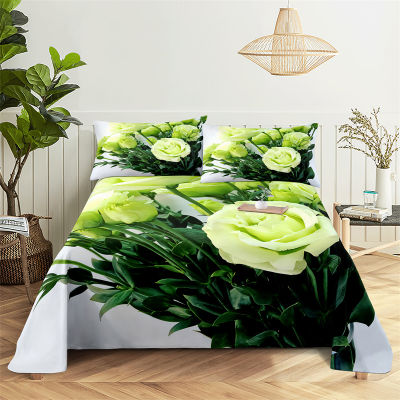 Hot Green Leaf Rose 0.91.21.51.82.0M Queen แผ่นชุดแผ่นแบนผ้าปูที่นอนและปลอกหมอนห้องนอนชุดผ้าปูที่นอนชุดเครื่องนอน