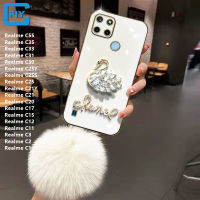 เคสหงส์เพชรเงางามหรูหราพร้อมเคสโทรศัพท์ลูกบอลมีขนสำหรับ Realme C55 C35 C33 C31 C30 C25Y C25S C2 C25 C1 C20 C17 C15 C12 C11