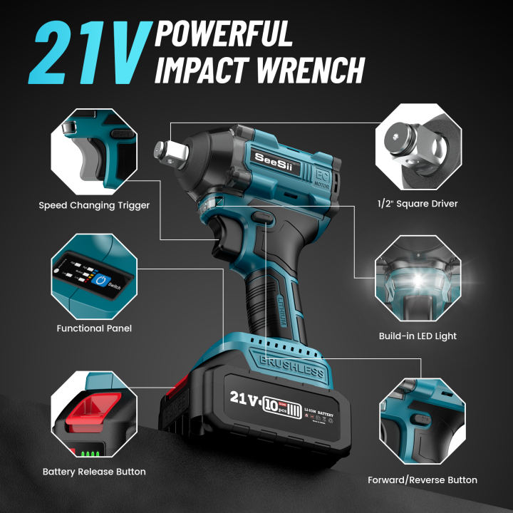 SEESII 21V Brushless Cordless Impact Electric Wrench 350N.M LED Display ...