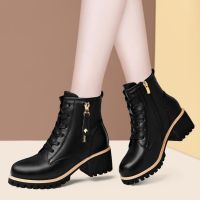 Comemore Women Shoes with Heel Boots Ankle 2022 Trend Autumn British Style Leather Thick Fur Ladies Short Boot Winter Footwear