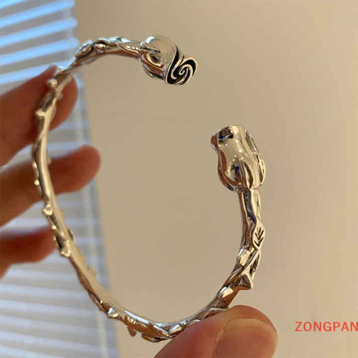 zongpan-สร้อยข้อมือรูปดอกกุหลาบสีเงินสุดเท่กำไลข้อมือเปิดแบบวินเทจเครื่องประดับแนวเก๋ไก๋เก๋ไก๋เก๋ไก๋เก๋ไก๋สำหรับเป็นของขวัญสำหรับผู้หญิง